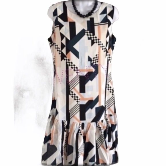 51Twenty Dresses & Skirts - CREE GREEN MUSTARD MULTI GEO RUFFLE SLEEVELESS DRESS